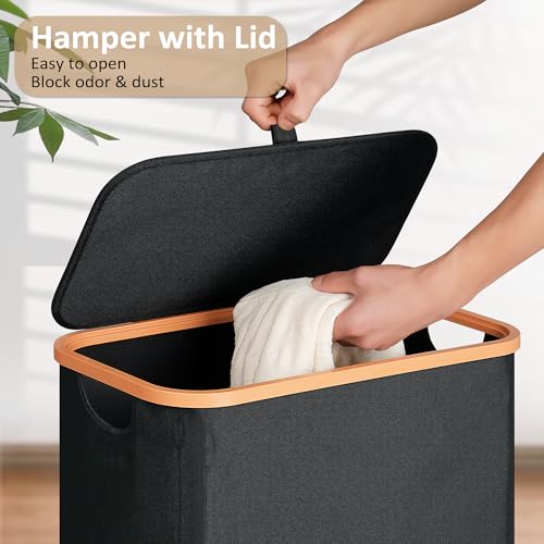 Slim Laundry Basket with Lid, Narrow Dirty Clothes Hampers for Laundry with Handle, Skinny Laundry Bin for Laundry Room, Dorm, Bedroom and Bathroom, 19.8 Gallon (75L) Black