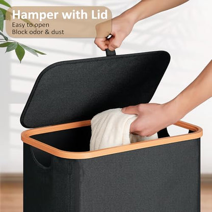 Slim Laundry Basket with Lid, Narrow Dirty Clothes Hampers for Laundry with Handle, Skinny Laundry Bin for Laundry Room, Dorm, Bedroom and Bathroom, 19.8 Gallon (75L) Black