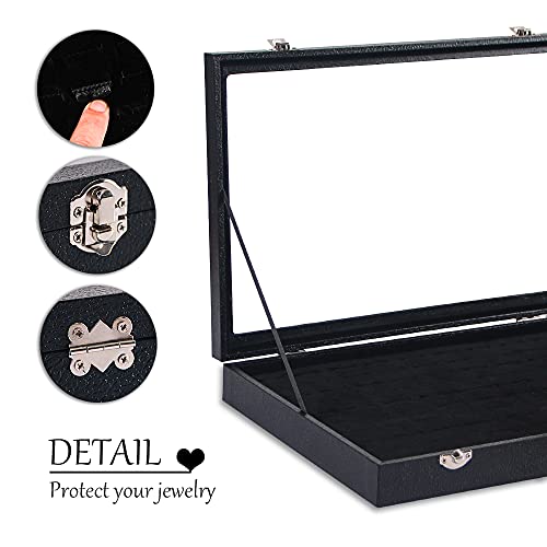 Ring Holder Organizer Box, Jewelry Display Case, Earring Necklace Storage Tray With Top Glass Lid (Black, 100 Slots)