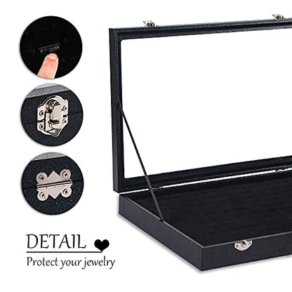 Ring Holder Organizer Box, Jewelry Display Case, Earring Necklace Storage Tray With Top Glass Lid (Black, 100 Slots)
