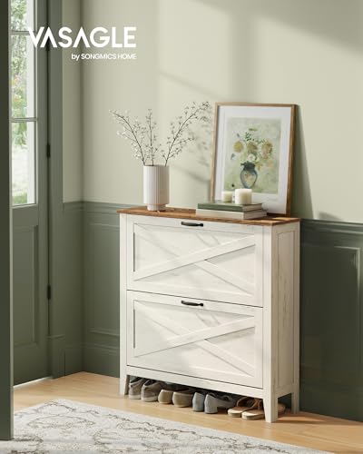 VASAGLE LIRY Collection - Shoe Storage Cabinet Organizer with 2 Flip Drawers, Freestanding Narrow Shoe Rack Cabinet for Entryway, Farmhouse Style, Fits 12 to 16 Pairs, Rustic White UHSC201W01