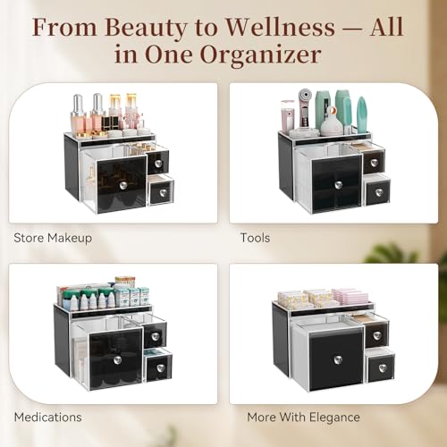 CoralHouse Face Towel Holder with 3 Drawers for Bathroom, Smoky Gray | Smoky gray tempered glass, 3 drawers and raised-edge top for disposable face towels, cotton pads, swabs and skincare