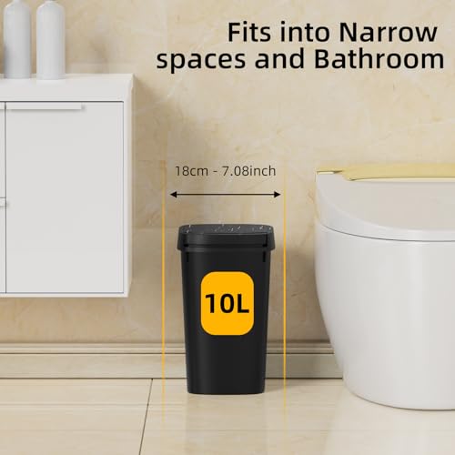 KSSKSS 3 Pack Bathroom Small Trash Can with Lid, 2.6 Gallon Slim Garbage Bin with Pop-Up Lid, 10L Plastic Wastebasket for Bedroom, Office, Kitchen, Toilet (Matte Black)