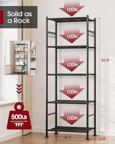 Storage Shelves - 5-Tier Large Capacity Shelf Organizer with Hooks, Heavy-Duty Garage Shelving with Leveling Feet, Wobble-Free Rack for Bedroom, Balcony, Garage, 18.1"×12.4"×56.8", Black