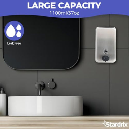 Stardrix Heavy Duty Stainless Steel Wall Mount Soap Dispenser, 1100ml/37oz, with Corrosion Proof Lining and Anti-Leak Pump for Commercial & Home Bathroom Kitchen(Vertical)