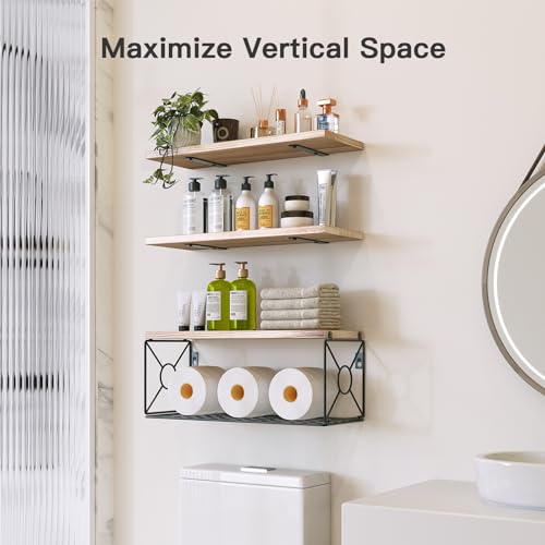 Amada Bathroom Shelves Over Toilet with Storage Basket, Floating Wall Shelf for Home Organization & Wall Decor, Bathroom/Kitchen/Living Room Shelves–Natural Wood