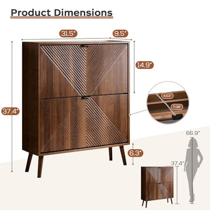 Shoe Cabinet Storage, Farmhouse Freestanding Organizer with 2 Flip Drawers and 4 Wooden feet, Narrow Shoe Rack Cabinet for Entryway, Foyer, Hallway, Walnut