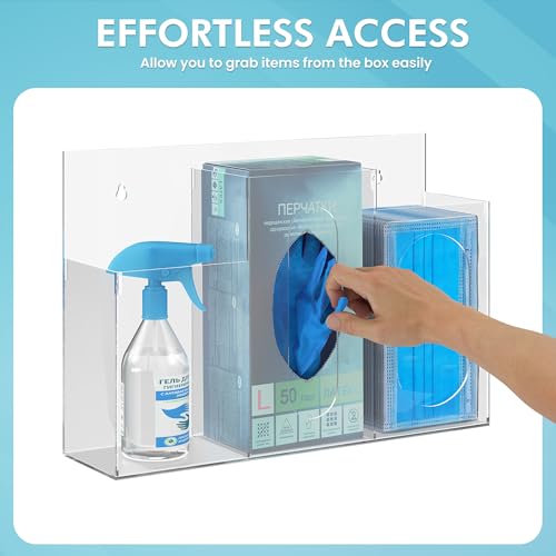 WAHFAY Acrylic Hygiene Dispenser Sanitation Station with Three Compartment, Gloves Masks Hairnets Box Holder, Wall Mount or Tabletop Clear Storage Containers