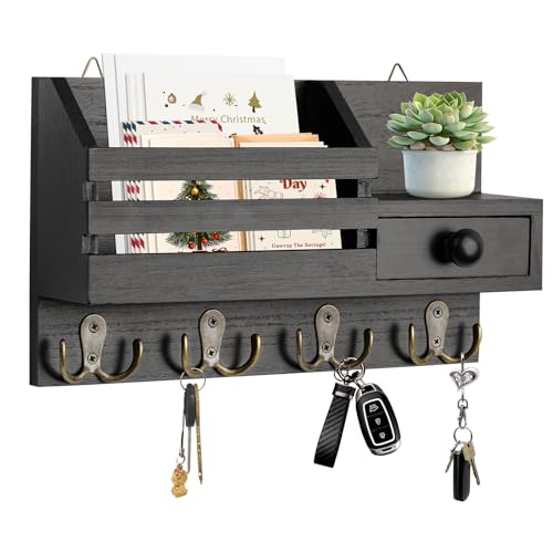 Key Holder Wall Mount, Wooden Key and Mail Organizer, Black | 2 Mount Options, Includes 8 Hooks, Fence Mail Slot, Small Drawer and Shelf, for Entryway, Hallway, Doorway, Living Room, RV