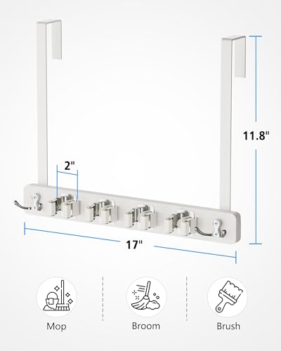 Over the Door Broom and Mop Holder, Broom Hanger, 4 Slots & 4 Hooks | No Drilling Required, Wood and Metal Build, EVA Door Protection Pads, Secure Grip Slots, Closet Garage Laundry Use, White