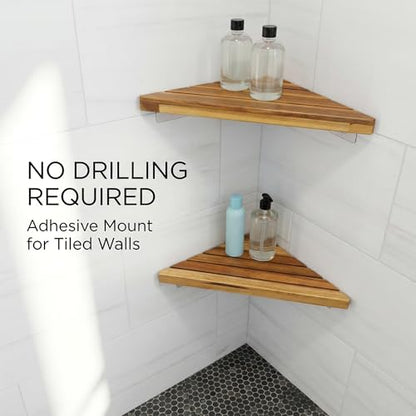 Wooden Corner Shower Shelf Triangular Corner Shelf Wooden Bathroom Shelf for Tiled Wall, 2 Pack Shower Corner Shelf, No Drilling Requied