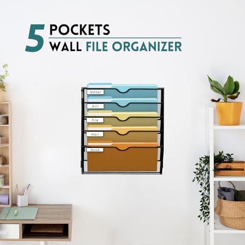 5 Tier Wall File Organizer, Hanging Wall Mounted Mail Organizer with Label Slots, Metal Mesh File Holder Magazine Rack for Office, Home, School or Classroom, Black