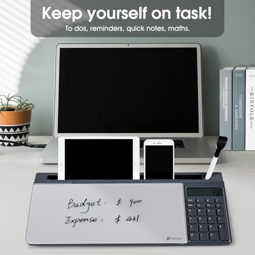 Varhomax Glass Desk Whiteboard with Calculator | Desktop Dry Erase White Board with Storage, To Do List Memo Notepad for Home and Office