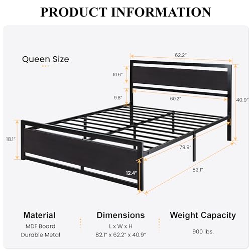 SHA CERLIN Heavy Duty Queen Size Bed Frame with Modern Headboard, Black