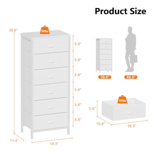 White Dresser for Bedroom, 6 Fabric Drawers Chest of Drawers | Tall Skinny Dresser for Closet, Vertical Storage Tower Unit, Tall Nightstand for Dorm, Living Room, Metal Frame, Wooden Top