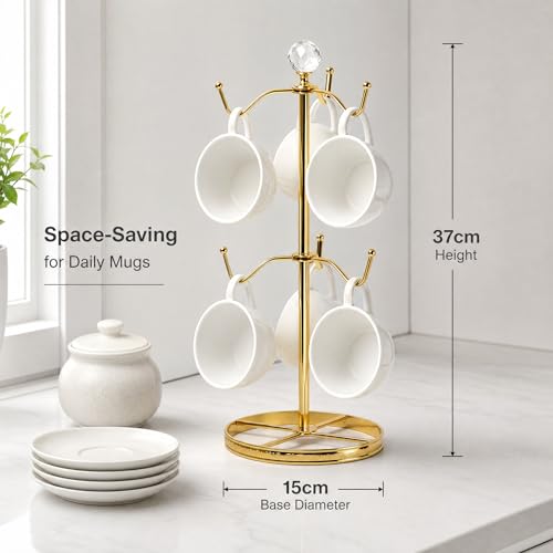 Mug Tree Coffee Cup Holder for Counter Top 6 Hooks(Gold) | Double Tier Metal Mug Tree for Counter with Crystal Ball for Small-Space,Mug Stand Tree Countertop with Patterned Base Rim