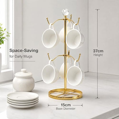 Mug Tree Coffee Cup Holder for Counter Top 6 Hooks(Gold) | Double Tier Metal Mug Tree for Counter with Crystal Ball for Small-Space,Mug Stand Tree Countertop with Patterned Base Rim