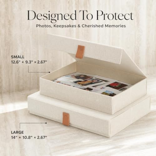 Decorative Photo Storage Boxes with Lids - Set of 2 Beautiful Linen Organizers Are Perfect to Safely Store Your Pictures, Documents, Scrapbooking Supplies, Keepsakes and Other Memories in Style