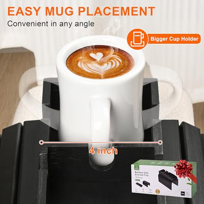 Joy&Grace Couch Cup Holder, 3-in-1 Magnetic Detachable Couch Arm Tray, Bamboo Sofa Armrest Table with Anti-Slip Pad, Sofa Armrest Tray Table (Black)