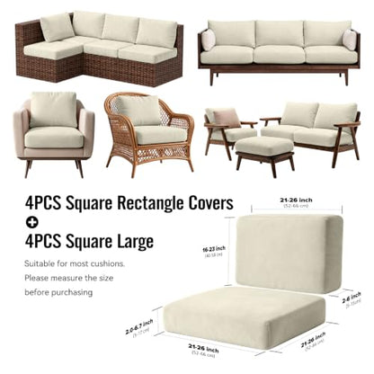 8Pcs Outdoor Cushion Covers, Stretch Patio Furniture Couch Chair Slipcovers | Washable, Pet Friendly, Seat Replacement Covers, Soft Sofa Slip Covers, 4-Large+4-Rectangle 20-27", Easy Renew, Beige