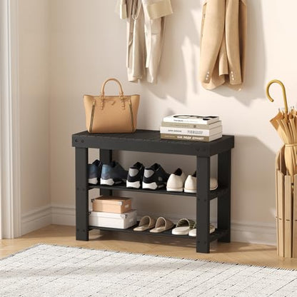 Sweetcrispy 3-Tier Shoe Rack Bench for Entryway, 27 Inches, Black | Bamboo Shoe Storage Bench, Shoes Rack for Entrance, Bedroom, Living Room, Balcony, 6 Pairs, 286lb Capacity