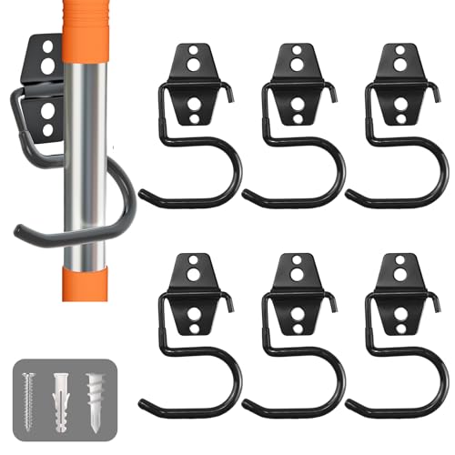 Broom Holder Wall Mount, 6 Pack Tool Hangers Garag... (Black | Steel)