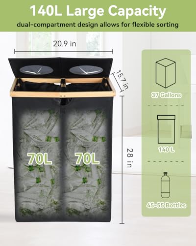 140L Recycling Bin for Kitchen, 2 Compartments Lar... (Black)