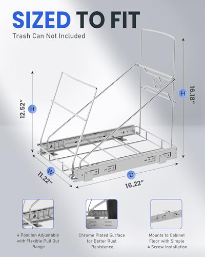 Trash Can Pull Out for Kitchen Cabinet, Silver | Upgraded Under Sink Slide Out Holder Fits Most 7 to 11 Gallon Bins, Requires 12.5"W x 17.3"D x 17.5"H, Bin Not Included