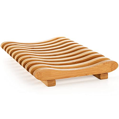 Bamboo Dish Drying Rack, 10 Slots Bamboo Cabinet Plate Stand Dish Drainer Wooden Plate Rack Pot Lid Holder Kitchen Dish Plate Storage Organizer for Countertop Cabinet