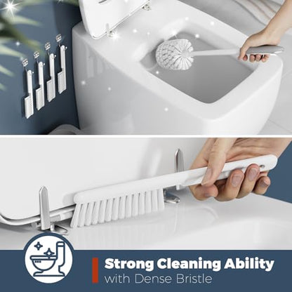 Toilet Brush and Holder Set, Space Saving, 4 Pack, White | Bathroom Accessories, Ergonomic Silicone Handle, Dense Bristles, Deep Cleaning, with 4 Crevice Brushes, Compact Design