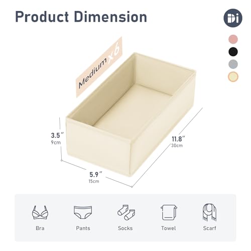 DIMJ Drawer Organizer Clothes - Underwear Organizer Small Sock Organizer Closet Organizers and Storage Box Dresser Drawer Dividers for Baby Clothes,Bra,Socks, Belt, Tie, Set of 6,Beige