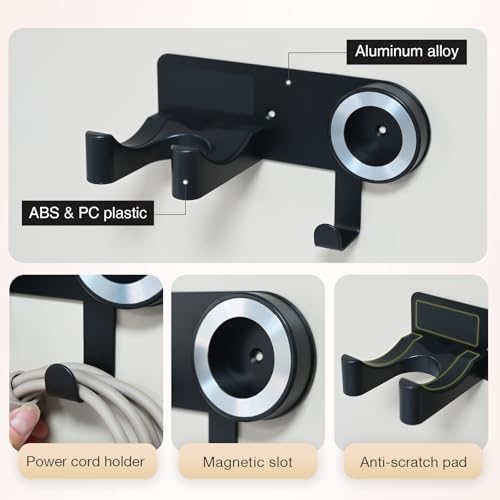 Wall-Mounted Hair Dryer Holder, Adhesive Blow Dryer Craddle | Hairdryer Cable Storage Organizer, Hair Tool Holder for Vanity, Screw Mount/Adhesive, Aluminum Alloy & ABS, Black