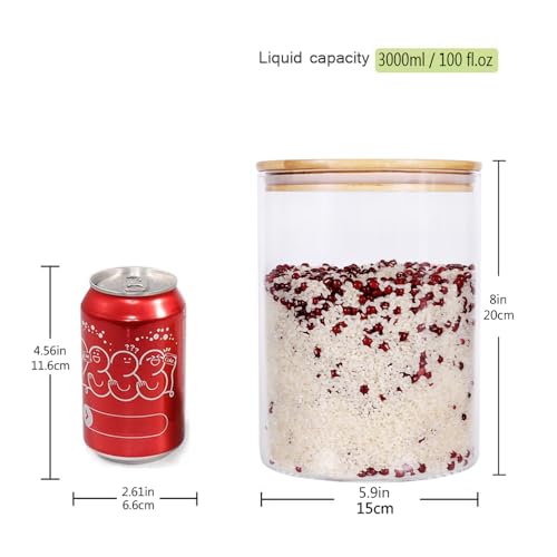 Large Glass Food Storage Container, 100 FL OZ (3000ml) Glass Food Canister with Airtight Bamboo Lids for Your Pantry, BPA-Free Cereal Dispenser Jars for Spaghetti Pasta, Powder, Tea, Coffee