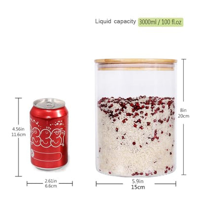 Large Glass Food Storage Container, 100 FL OZ (3000ml) Glass Food Canister with Airtight Bamboo Lids for Your Pantry, BPA-Free Cereal Dispenser Jars for Spaghetti Pasta, Powder, Tea, Coffee