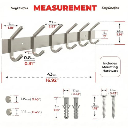Coat Rack Wall Mount – Brushed Nickel 17 Inch Stainless Steel Hook Rail with 6 Heavy Duty Double Coat Hooks – Wall Mounted Coat Hanger for Entryway, Bathroom, Bedroom, Towel, Hat Organizer