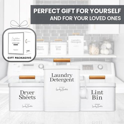 Modern Farmhouse Laundry Detergent Container for Laundry Decor (White) | Metal Laundry Pods Container, Laundry Powder Holder for Laundry Room Organization