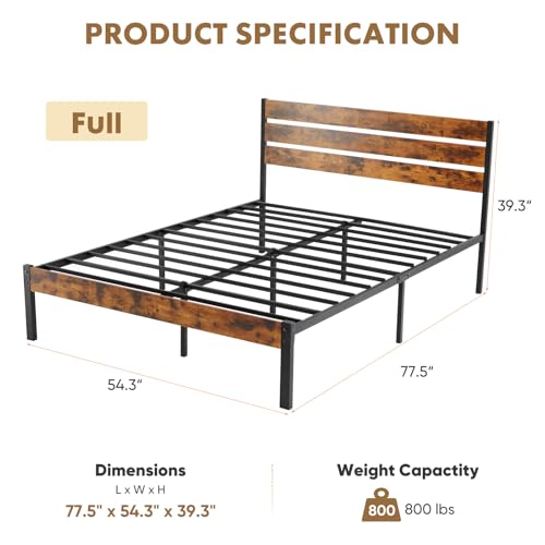 OLIXIS Full Size Bed Frame with Headboard, 800LBS Mattress Foundation with All Sturdy Metal Support, Under Bed Storage, No Box Spring Needed, Easy Assembly, Rust Brown