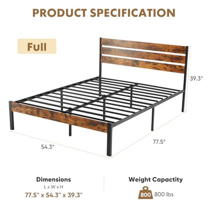 OLIXIS Full Size Bed Frame with Headboard, 800LBS Mattress Foundation with All Sturdy Metal Support, Under Bed Storage, No Box Spring Needed, Easy Assembly, Rust Brown