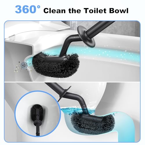 HAMITOR Toilet Bowl Brush Holder Set: Curved Design with Holder for Deep Cleaning Under Rim - Compact Hidden Scrubber for Small Space - Modern RV Bathroom Accessories - Black