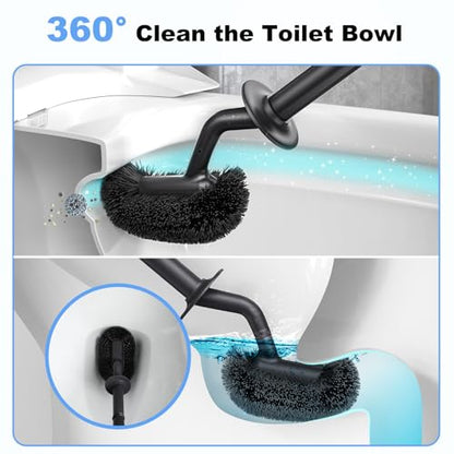 HAMITOR Toilet Bowl Brush Holder Set: Curved Design with Holder for Deep Cleaning Under Rim - Compact Hidden Scrubber for Small Space - Modern RV Bathroom Accessories - Black