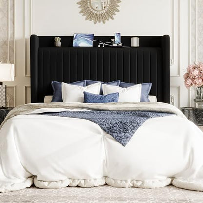 SHA CERLIN Queen Size Velvet Bed Frame with Shelf, Charging Station, Black