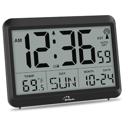 Self-Setting Atomic Digital Wall Clock with Auto DST | Battery Operated, Large Display with Temperature, Date and Day, 4 Time Zones, Wall Mount/Desktop Clock for Classroom, Office