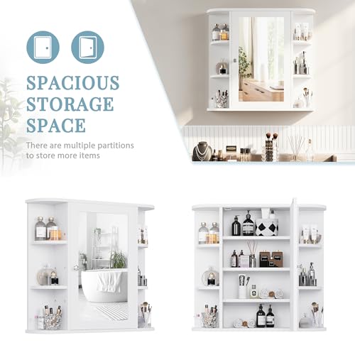 Shintenchi Bathroom Medicine Cabinet with Mirror, Wall Mounted, White | Mirrored Door Over the Toilet Storage, with 4 Internal and 6 Open Shelves, Storage Organizer Cupboard, Easy to Assemble