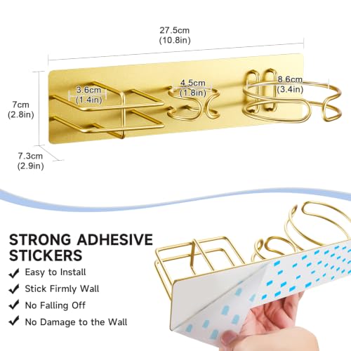 Blow Dryer Holder Wall Mounted Curling Iron Holder, 3 in 1 Hair Tool Organizer for Straightener, Curling Iron, Hair Dryer Holder Adhesive Flat Irons Storage for Bathroom Barber Shop (Gold)