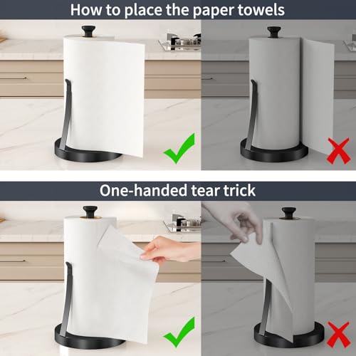 Countertop Paper Towel Holder for Kitchen, Black Tension Arm | One-Handed Tear, Stainless Steel Paper Towel Holder Stand for Bathroom Laundry Room Workshop