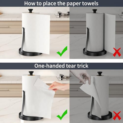 Countertop Paper Towel Holder for Kitchen, Black Tension Arm | One-Handed Tear, Stainless Steel Paper Towel Holder Stand for Bathroom Laundry Room Workshop
