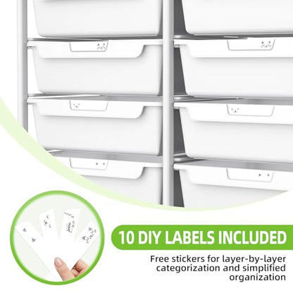 10 Drawers Rolling Cart with Wooden Tabletop, Util... (Pure White)