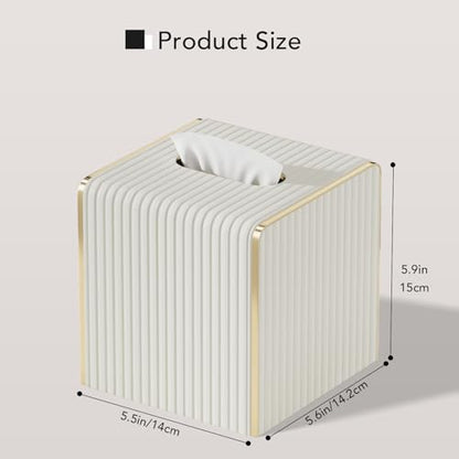 Tissue Box Cover,White Square Leather Tissue Box Holders with Gold-Tone Edging Decoration, Tissue Vessel for Bathroom Toilet Bedroom Living Room Table Desk Office,Modern Home Decor