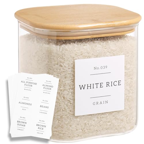HHMJSM Large Glass Flour and Sugar Containers with 42 Kitchen Pantry Labels - 85 Oz Glass Food Storage Containers with Airtight Lids - Square Glass Jars with Bamboo Lids for Rice, Pasta, Cookies