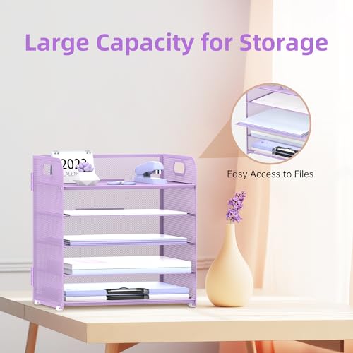 5 Trays Paper Organizer Letter Tray with Handle-Mesh Desk File Holders, Paper Sorter Desk Organizer for Office, Home, Classeoom or School, Purple